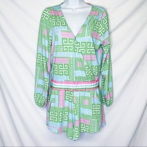 Macbeth Collection Greek Key Print V-Neck Romper